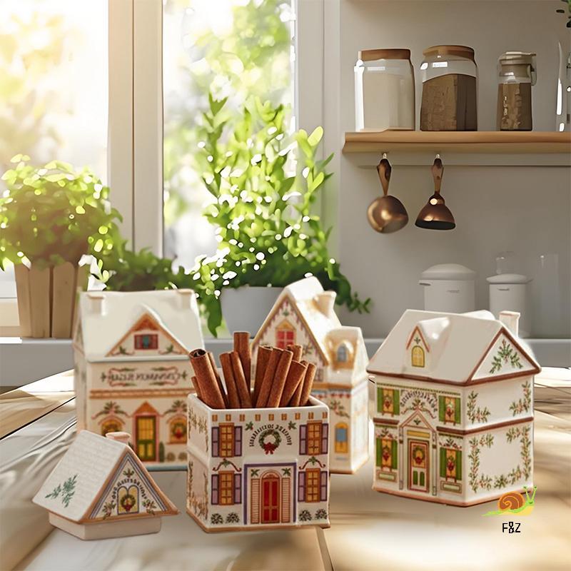 F & Z Holiday Village Spice House Set, Giáng sinh Gingerbread House Jars, Trang trí lễ hội Mặt bàn n