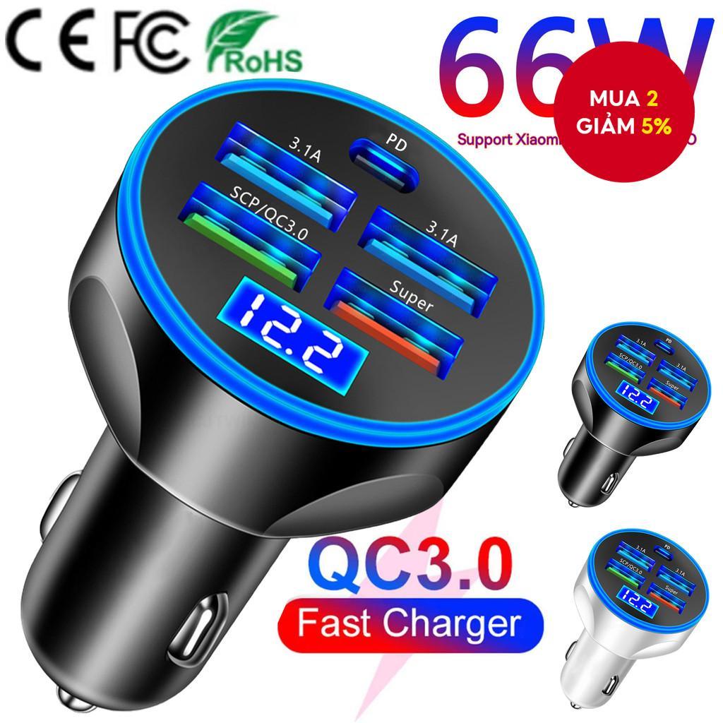 Bộ sạc ô tô 5 cổng có sạc siêu nhanh - Sạc nhanh cho iPhone 12 / 13, Xiaomi, Samsung & Huawei
