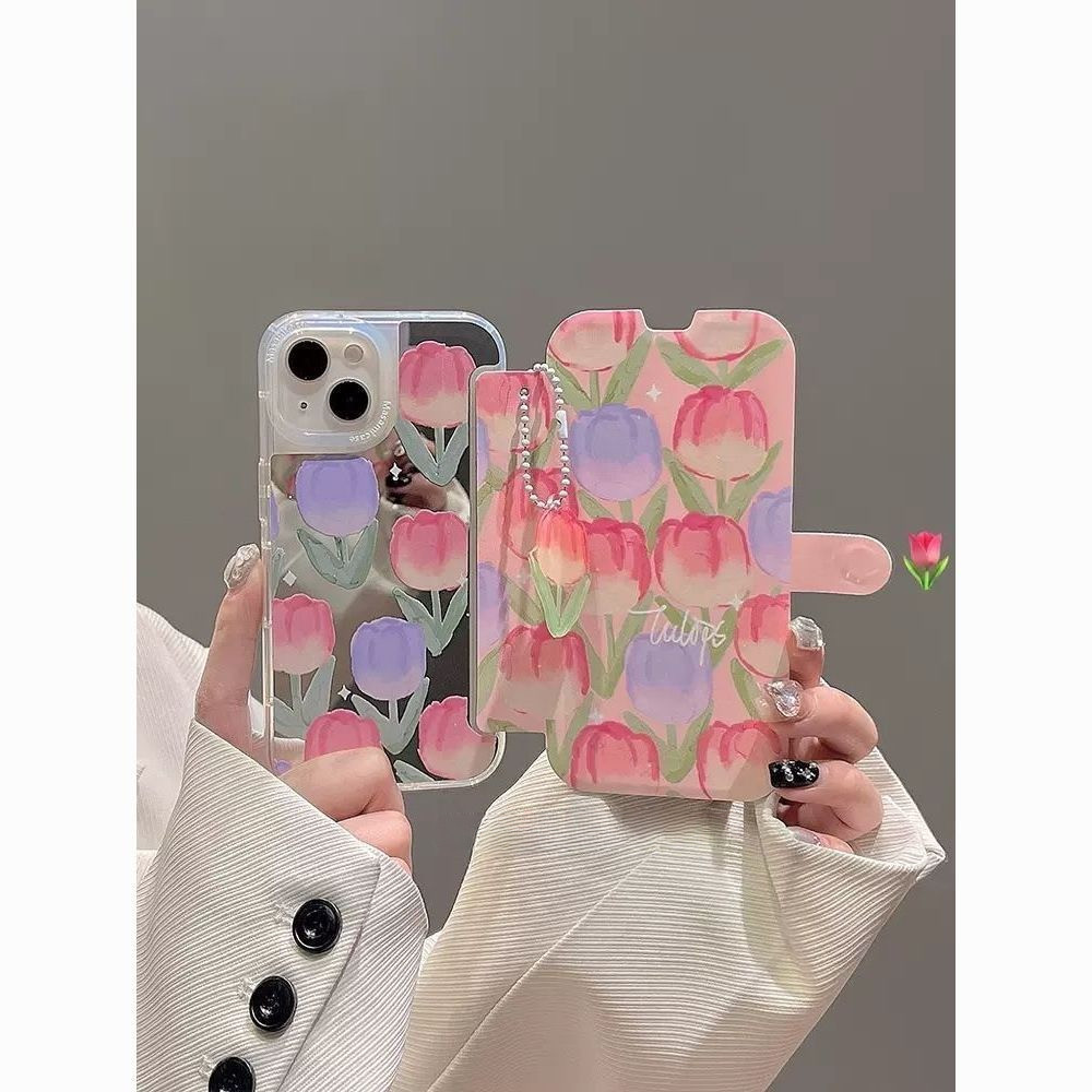 Ốp Điện Thoại Nắp Lật Mặt Gương Hình Hoa Tulip, Có Gương, Cho iPhone 15 Pro Max, 13, 6, 7, 8 Plus, 1