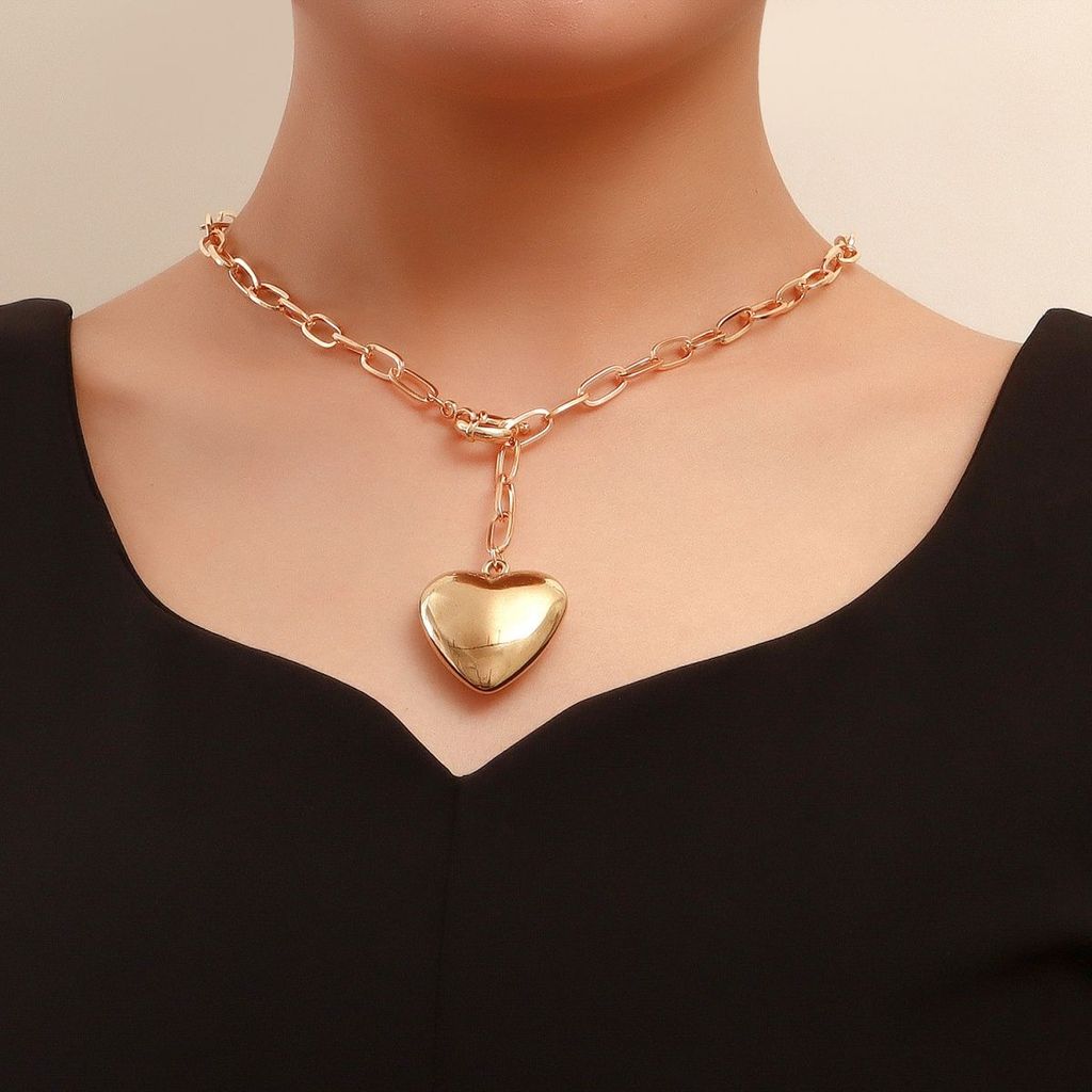 Hot Sale#Ornament Sweet Cool Exaggerated Big Heart Pendant Necklace Versatile Simple Long Heart Tass