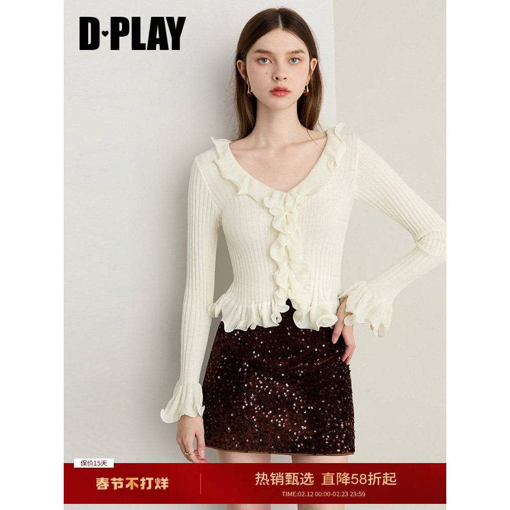 DPLAY2025 Cardigan Áo Khoác Thu Đông, Dệt Kim Xù Len Trắng Sang Trọng