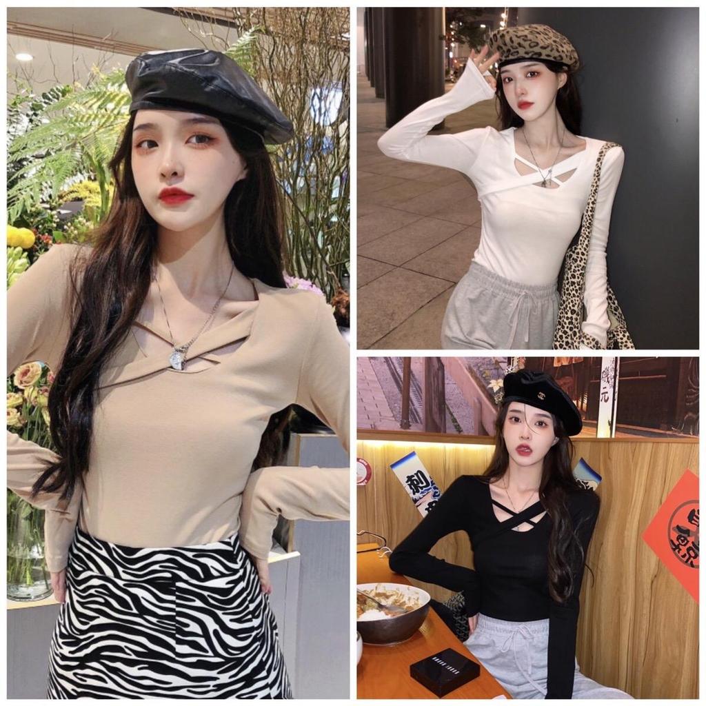 Áo Thun Croptop Tay Dài Phối Hai Dây Chéo, Áo Kiểu Nữ Sexy Style Y2K