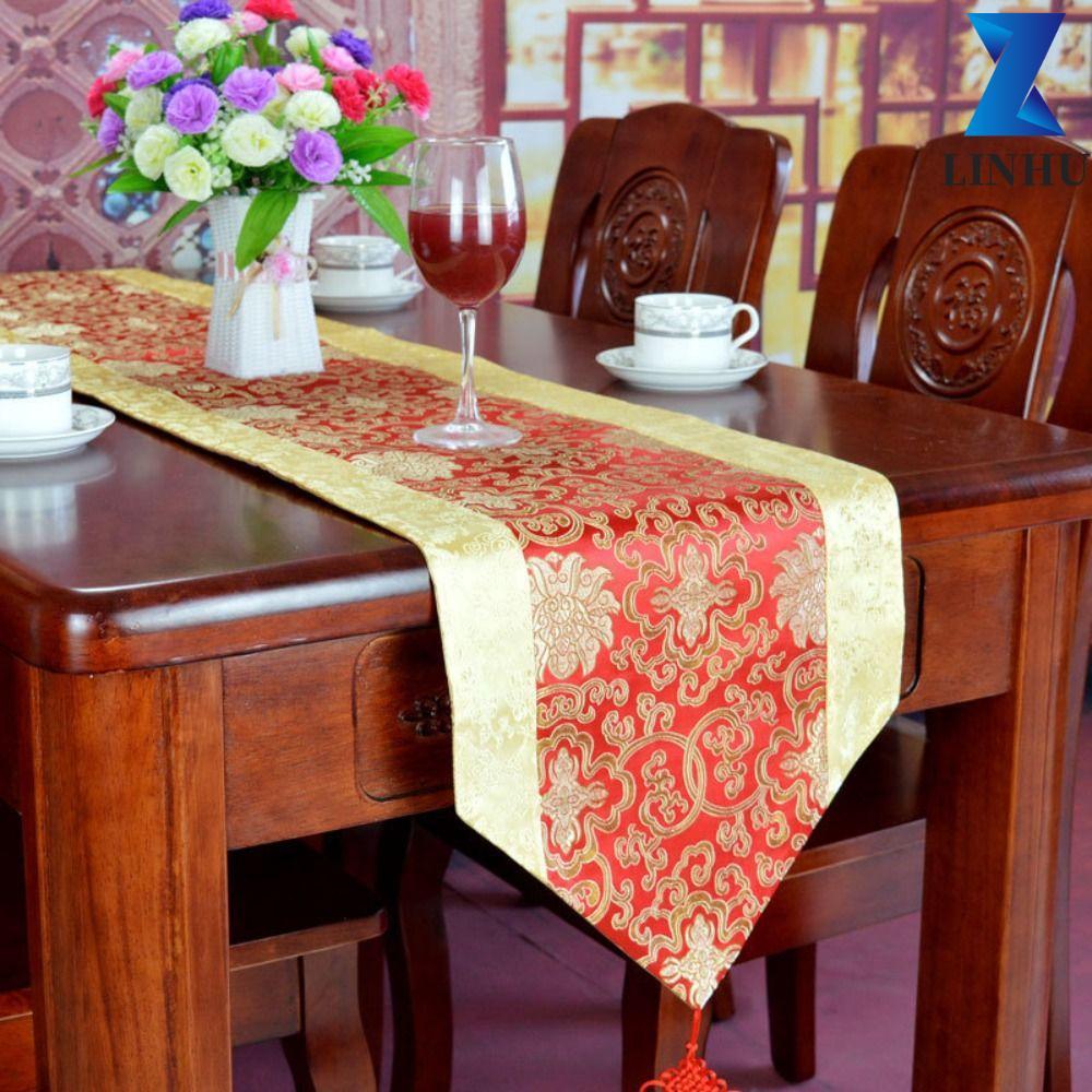 LINHU Table Runner Tea Ceremony Smooth Long Red Wedding Satin Table Cover
