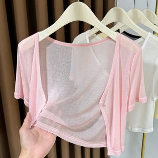 Áo cardigan len ngắn tay chất liệu mỏng và thoáng khí như lụa, màu trơn, phù hợp mùa hè