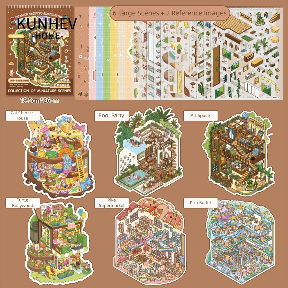 KUNHEV Bộ sưu tập cảnh thu nhỏ, Phim hoạt hình PET Phong cảnh Sticker Book, DIY Visual Stacked Pocke