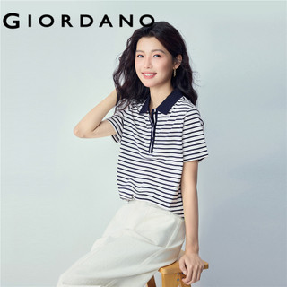 GIORDANO WOMEN 100% Cotton striped short sleeve polo shirt 13316217