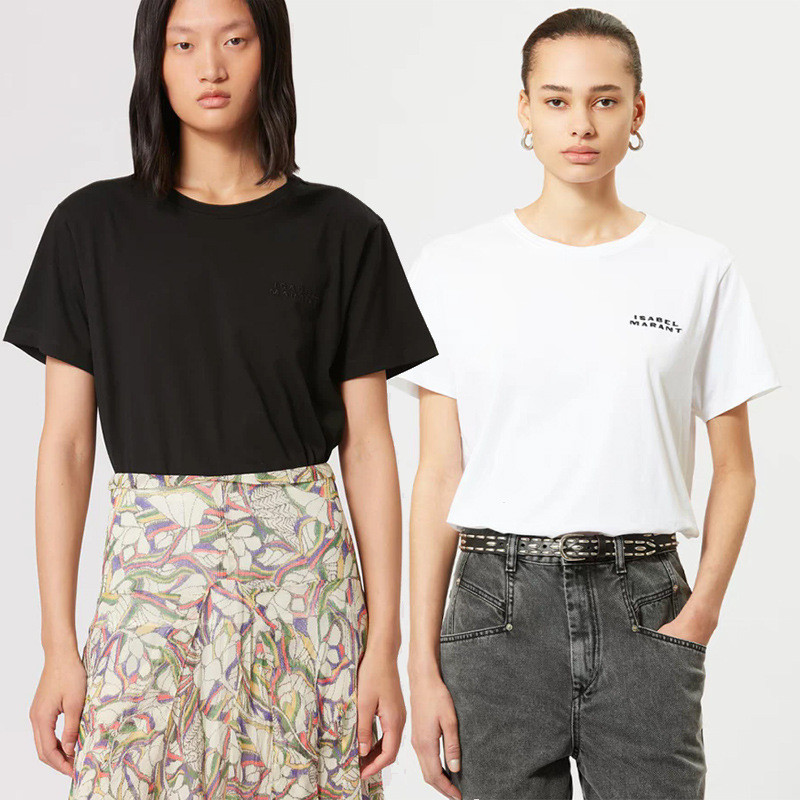 Isabel Marant 25Summer new style letter embroidery cotton black and white round neck women's short s