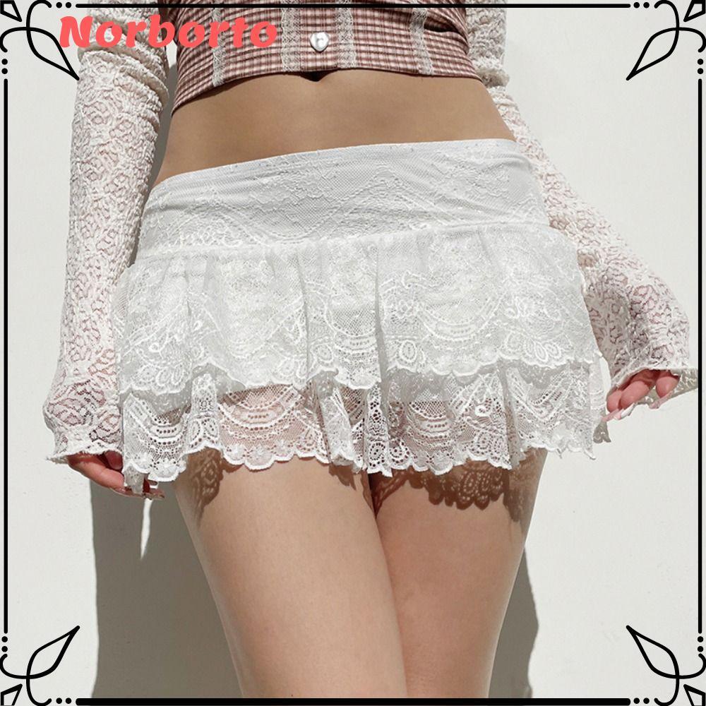 Váy Ren Mini NORBORTO, Ren Xù Two-Layer Thêu Hoa, Perfect cho Dạo Phố với Quần Jean