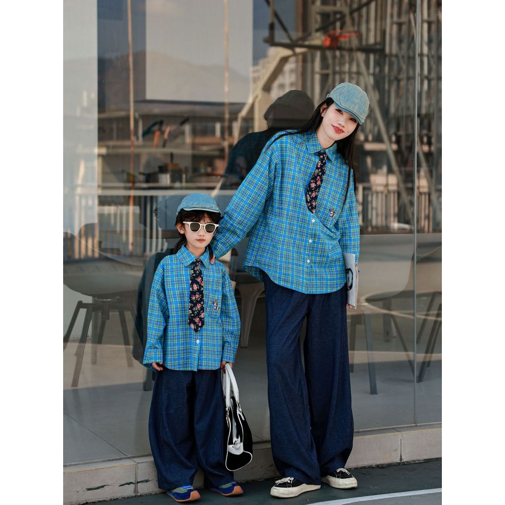 [Sản phẩm mới] Chơi cùng cha mẹ và con cái Mẹ-Con gái Áo sơ mi ca rô Pony Thêu áo sơ mi cổ điển Hàn 