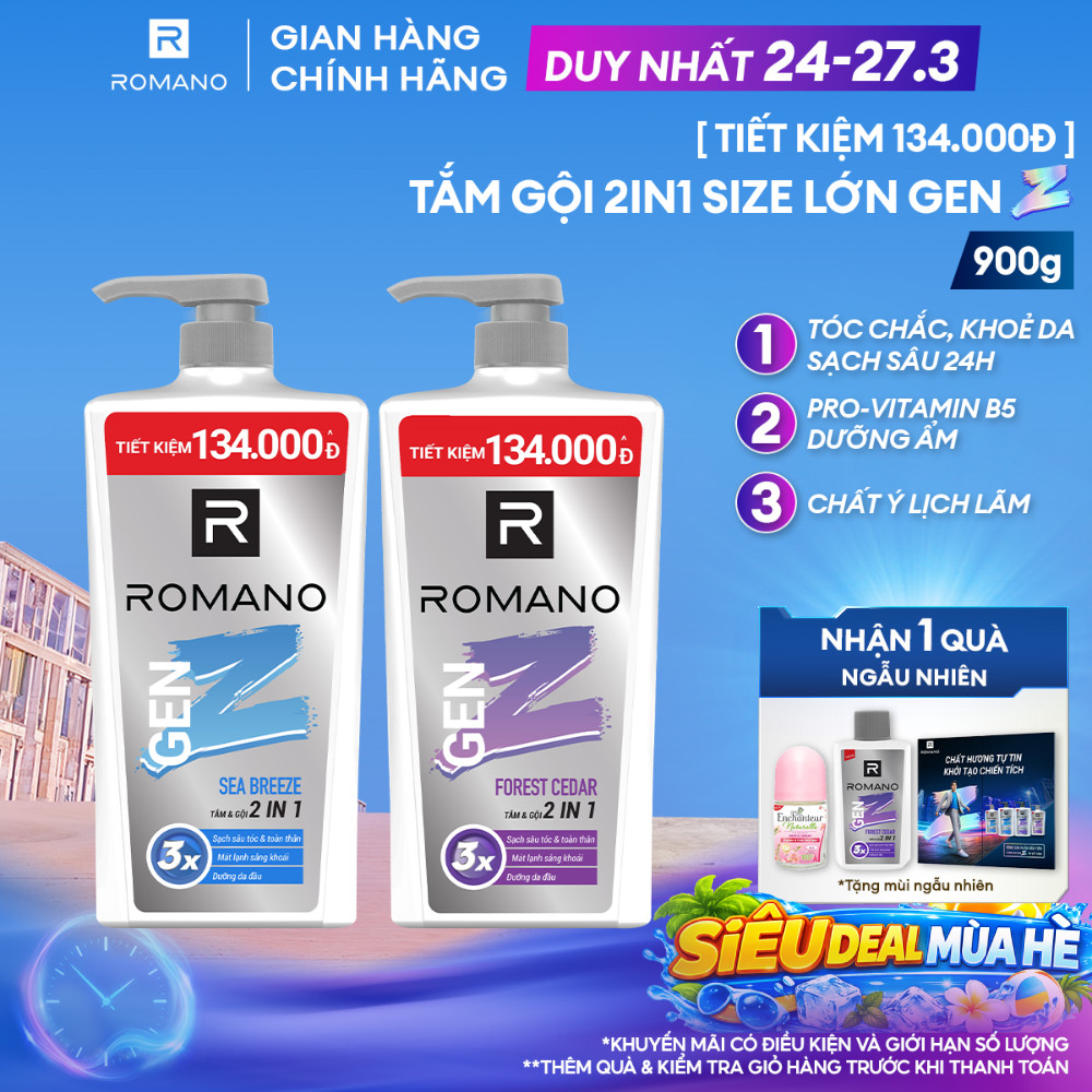 [ĐỘC QUYỀN ONLINE] Tắm gội cho nam 2in1 Romano Gen Z hương Sea Breeze/ Forest Cedar 900g/ chai
