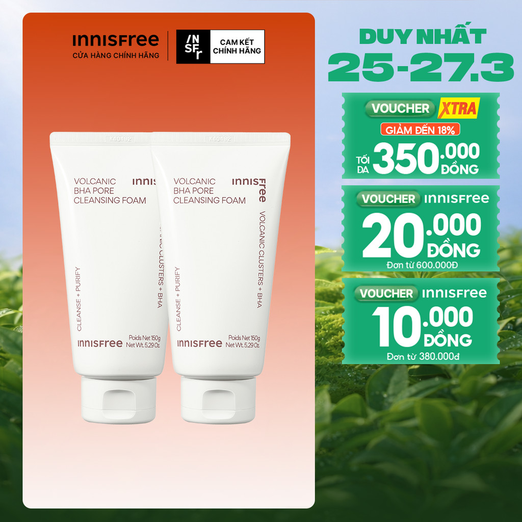 Bộ 2 Sữa rửa mặt se khít lỗ chân lông và giảm dầu nhờn Innisfree Volcanic Pore BHA Cleansing Foam 150g