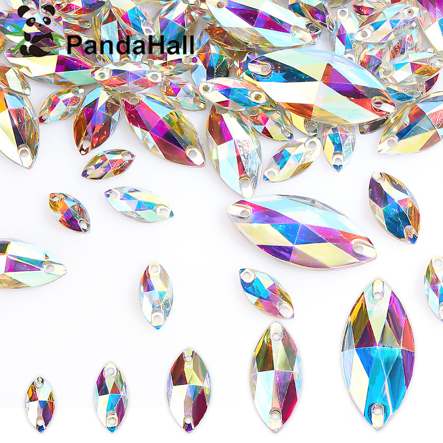 Phụ kiện mắt ngựa nhựa kim cương giả 2 lỗ, kích thước 32x6 mm và 17x3 mm, hộp 75 chiếc