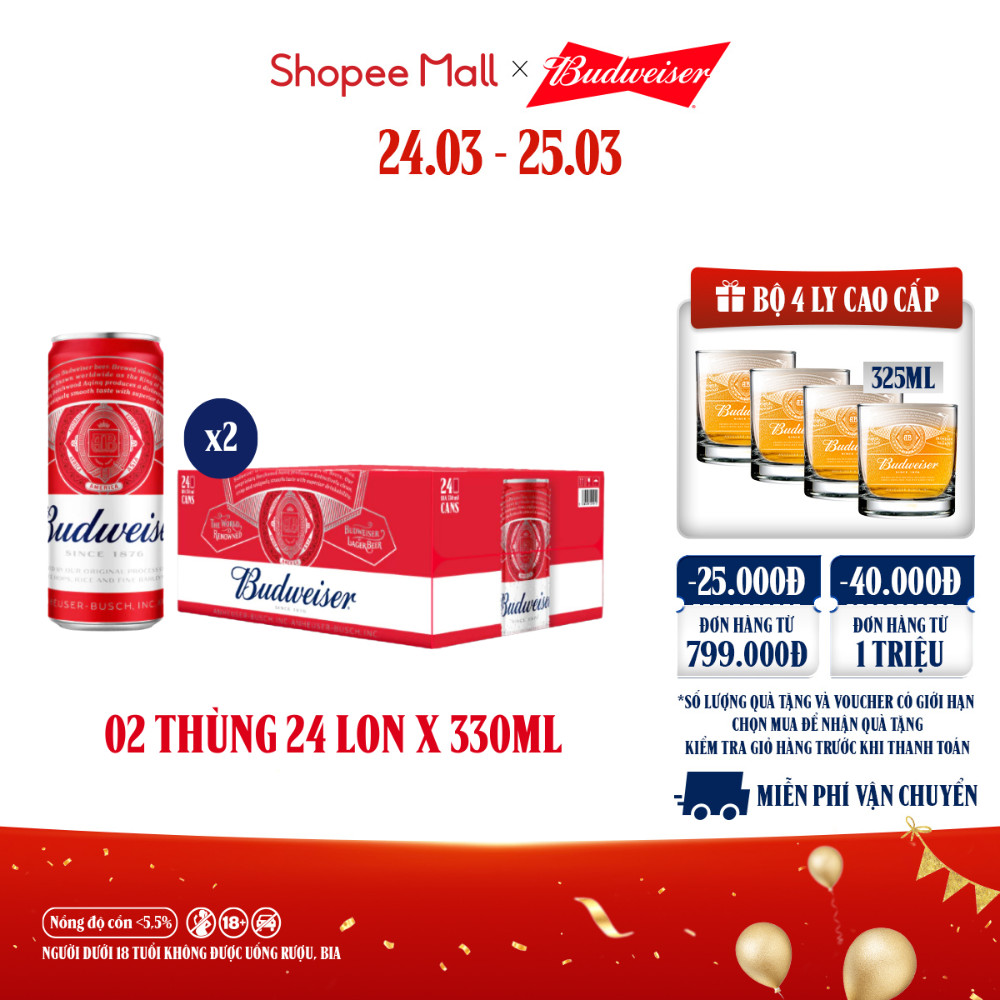 Nồng Độ Cồn 5.0% - Combo 2 Thùng 24 Lon Bia Budweiser Sleek Can Chính Hãng (330ml/ lon)