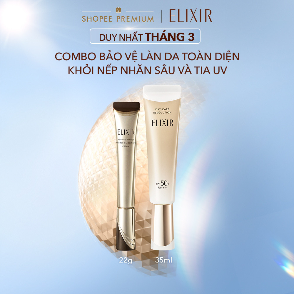 COMBO Kem dưỡng da cải thiện ELIXIR RETINOL POWER WRINKLE SMOOTHING CREAM 22g + Sữa chống nắng dưỡng