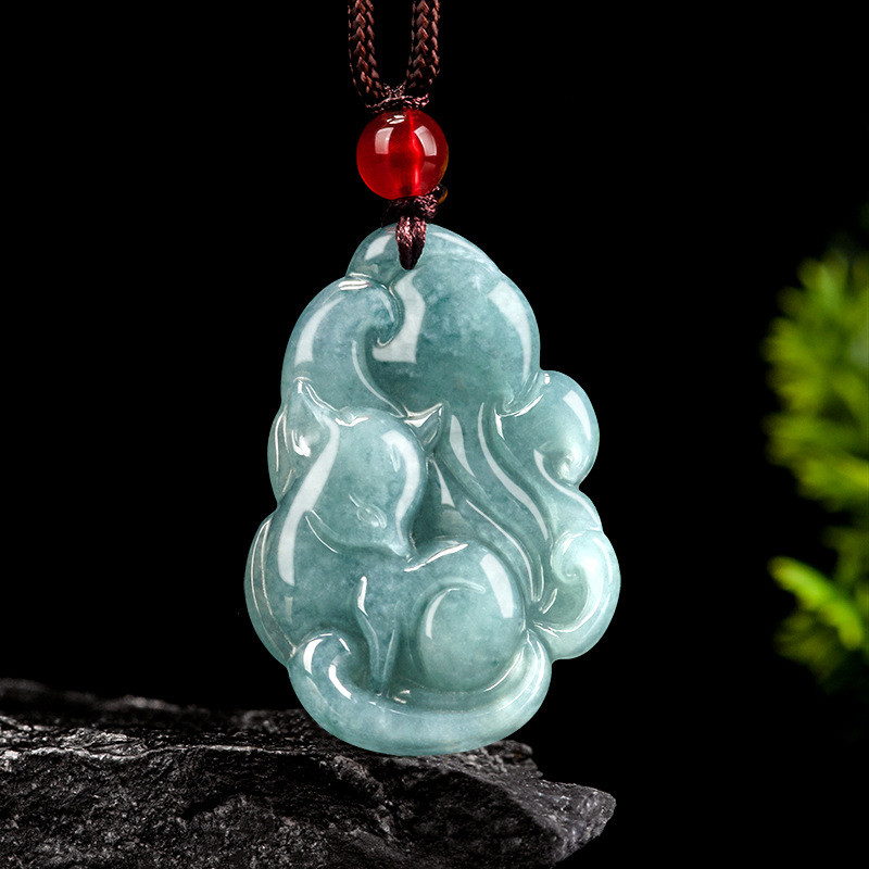 Genuine and natural A Jadeite Blue Water Fox Fairy Nine-Tailed Fox Pendant, Waxy Jadeite Ornament, Flower Design, Women's Style