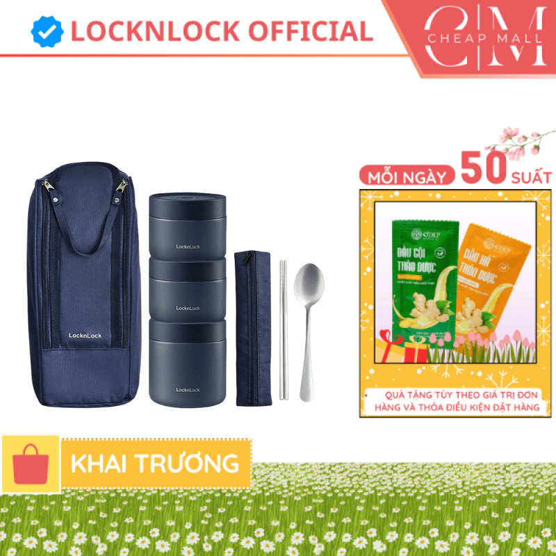 Hộp cơm giữ nhiệt văn phòng 1.1L LocknLock 3 ngăn LHC8052S01, kèm túi và muỗng đũa - CHEAP CHL