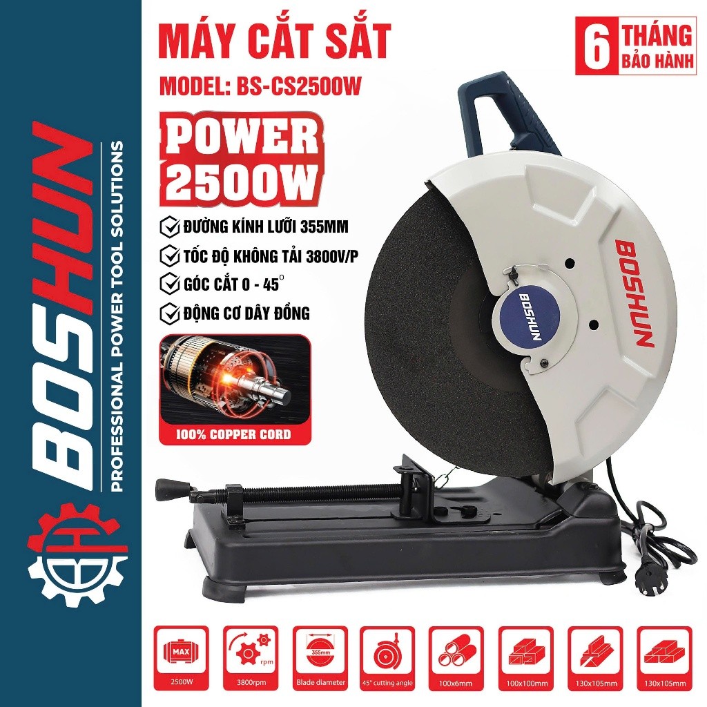 Máy Cắt Sắt Bàn BOSHUN BS-CS2500W, Công Suất Lớn 2500w, Kèm Lưỡi 355mm - Động Cơ Dây Đồng 100%