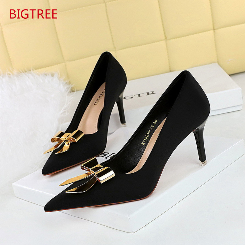 BIGTREE Stiletto Giày Cao Gót Nữ 18249-AK68 Phiên Bản Hàn Quốc Thời Trang Satin Nông Miệng Mũi Nhọn 