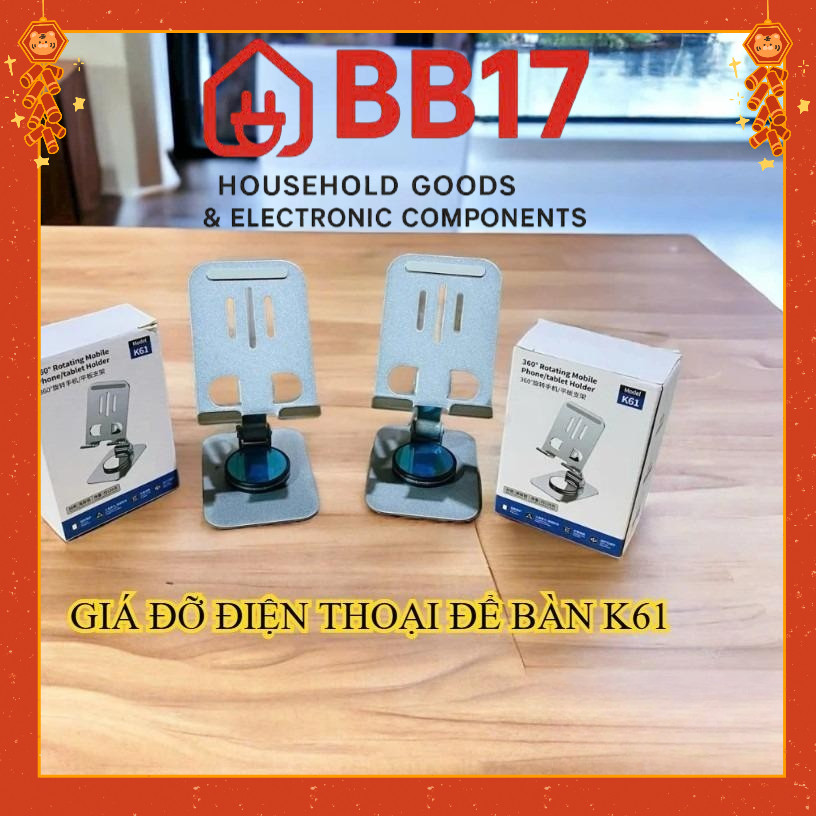 Giá Đỡ Điện Thoại Xoay 360 độ K61, Lót Chống Trượt, Hợp Kim Chắc Chắn, Nhỏ Gọn, Tiện Lợi