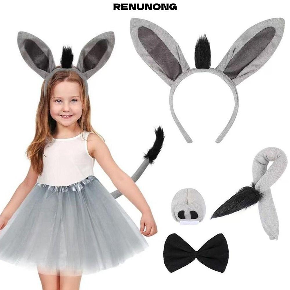RENUNONG 4 Bộ Trang Phục Lừa, Thắt Nơ Ngộ nghĩnh Donkey Headband, Thời Trang Đuôi Mũi Động Vật Cospl