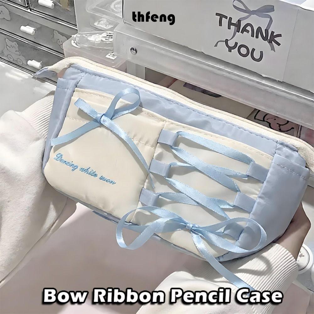 Bút chì THFENG, Nơ Ribbon Túi đựng bút dung tích lớn, Túi văn phòng phẩm phong cách múa ba lê màu xa