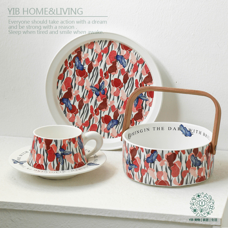 G GG Nhà Bếp DC1 T2 GARDEN Series BUTTERFLY Phong Cách Mới Màu Đỏ Iris Gốm Trái Cây Giỏ Trang Trí Đĩ