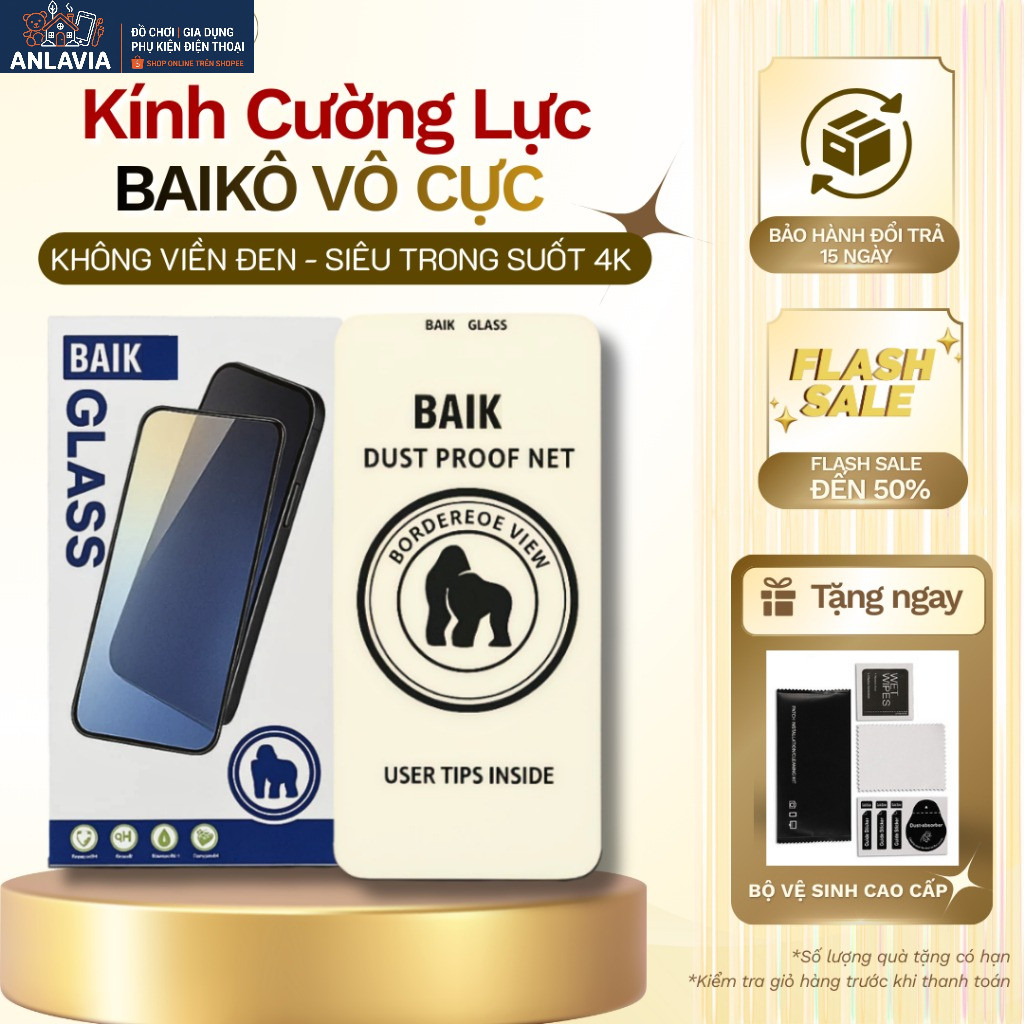 Kính cường lực iPhone 9H trong suốt không viền đen – Dán cường lực điện thoại siêu mỏng tự dán BAIKO