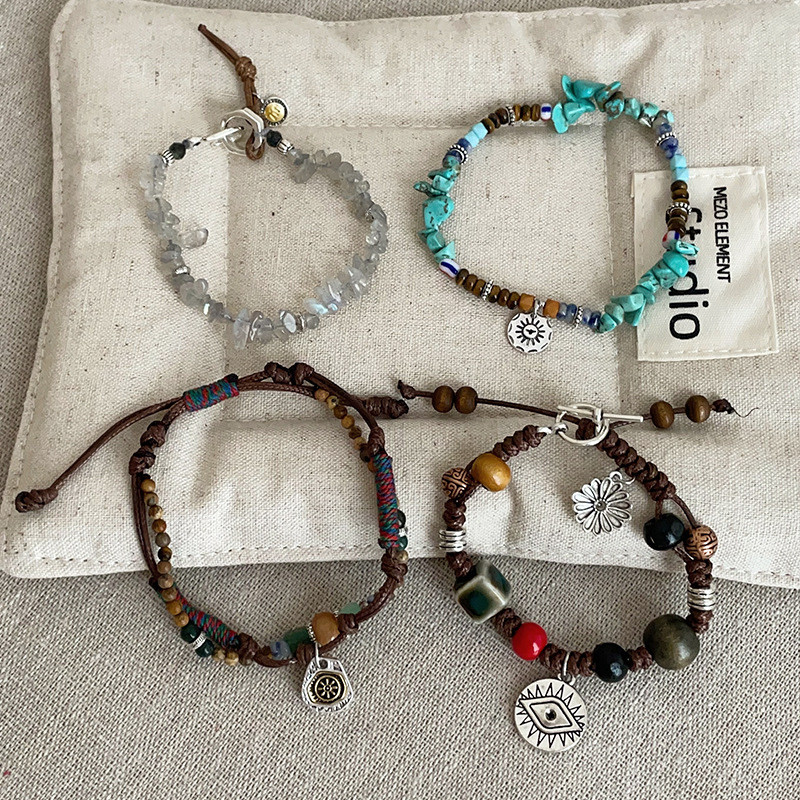 【Ready Stock】 Bohemian Ethnic Style Colorful Natural Stone Braided Rope Bracelet Women's Retro Affor