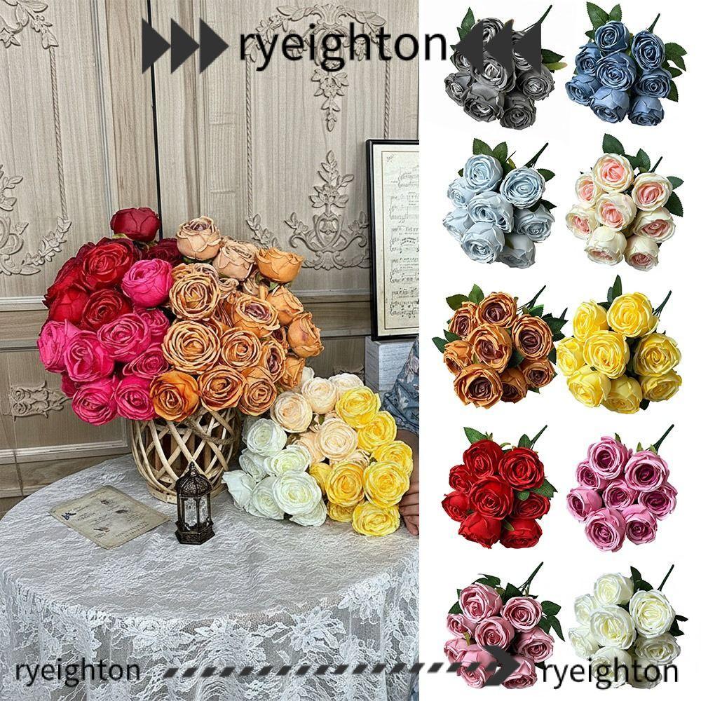 Hoa hồng nhân tạo RYEIGHTON, Hoa hồng mô phỏng lá xanh nhiều màu, Cánh hoa lụa sáng tạo 9 đầu Cảnh q