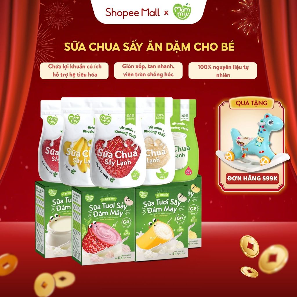 Sữa chua sấy và sữa tươi sấy đám mây Mămmy bữa phụ cho bé ăn dặm từ 6 tháng, vị tự nhiên, gói 20g / hộp 4 gói x 3.5g