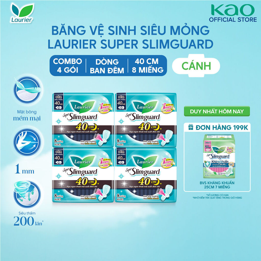 Combo 4 Băng Vệ Sinh Laurier Ban Đêm Siêu Mỏng 1mm 40cm 8 Miếng