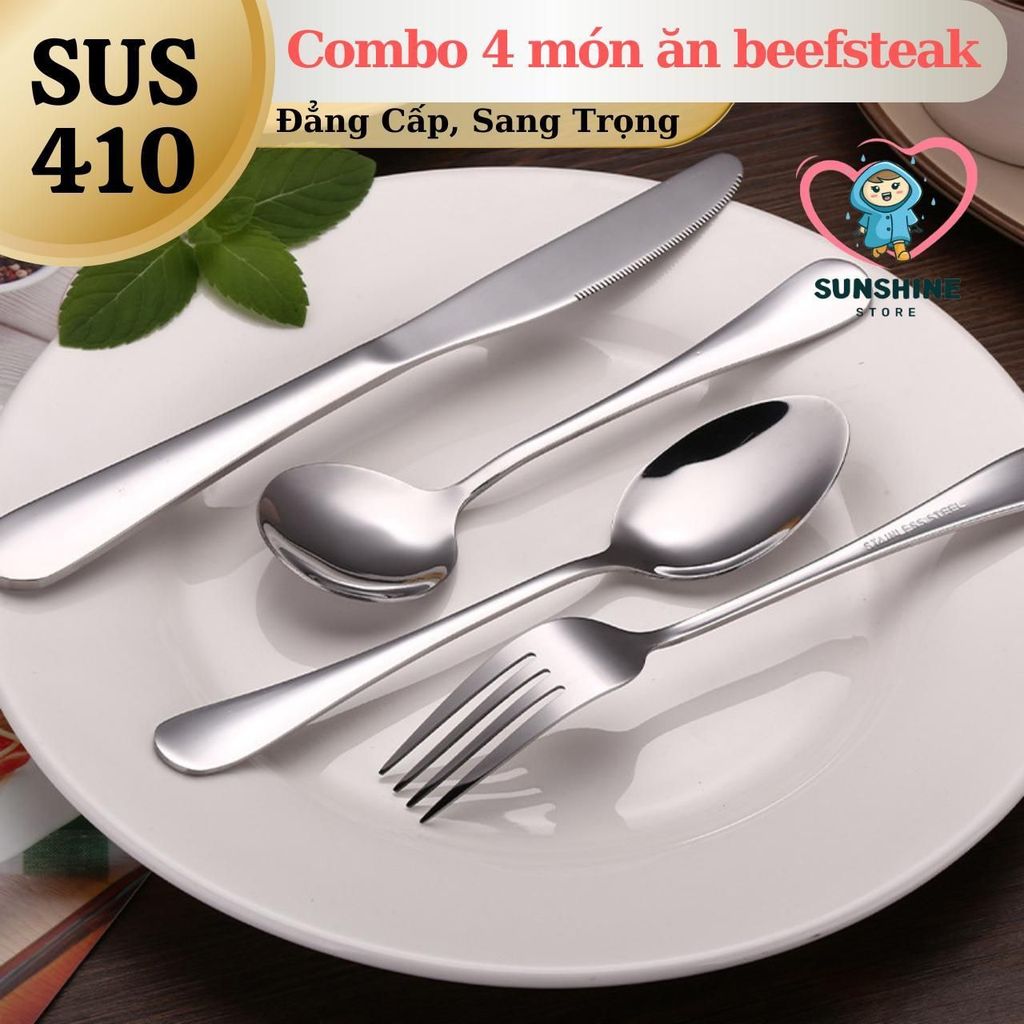 Combo 4 Món Ăn Beefsteak Inox 410 - Muỗng Nhọn 20cm & Muỗng Tròn 18.3cm - Chất Liệu Bền Bỉ