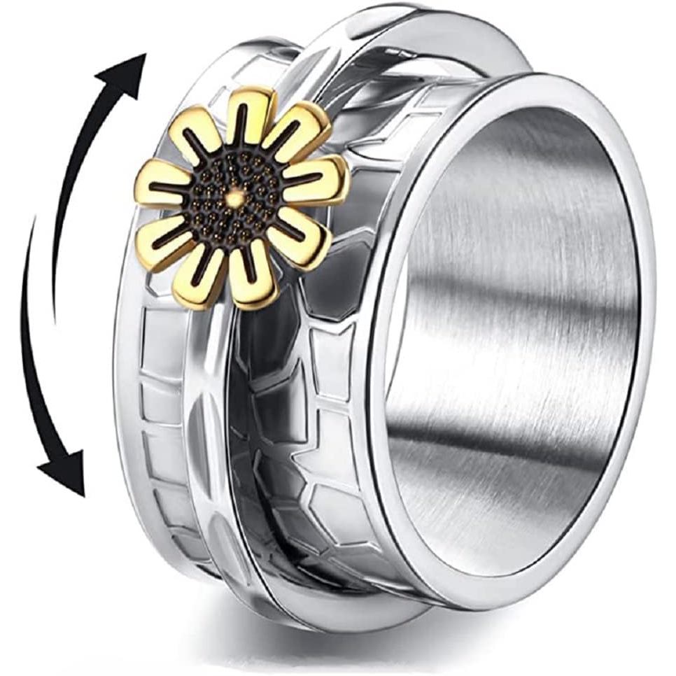 Nữ Thép Không Gỉ Daisy Charm Quay Fidget Lo Âu Ban Nhạc Nhẫn Trang Sức
