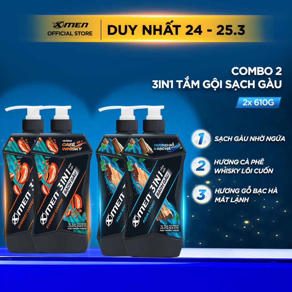 [MỚI] Combo 2 Tắm Gội Sạch Gàu 3in1 Xmen Everest Coffee & Aqua Sport 610g/chai, Sạch Gàu-Nhờn-Ngứa, Mùi Hương Nam Tính
