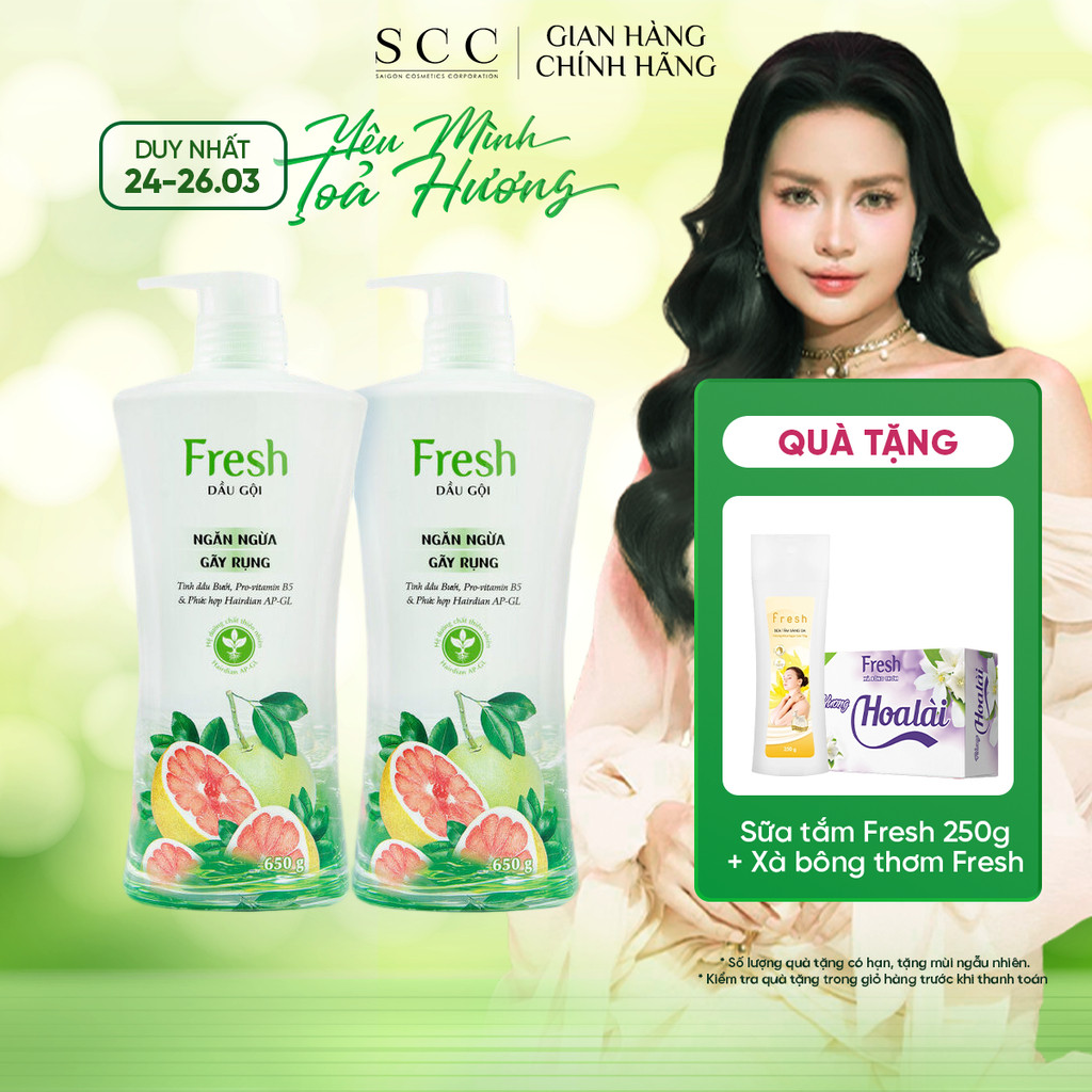 Combo 2 Dầu Gội FRESH Thiên Nhiên Giảm Gãy Rụng Tinh Dầu Bưởi 650g/chai