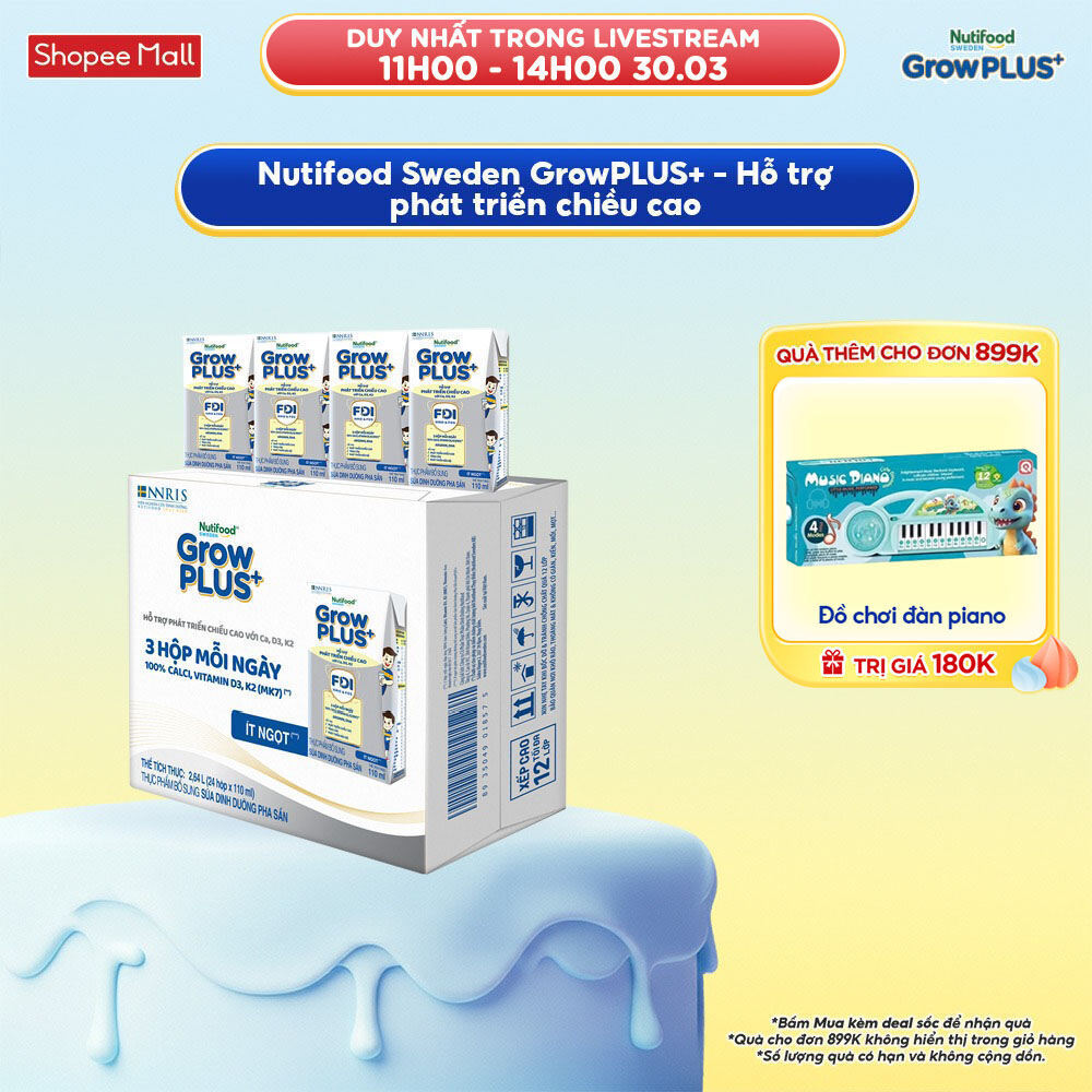 Thùng 24 hộp Sữa Bột Pha Sẵn Nutifood Sweden GrowPLUS+ Cao lớn vượt trội Height hộp 110 ml
