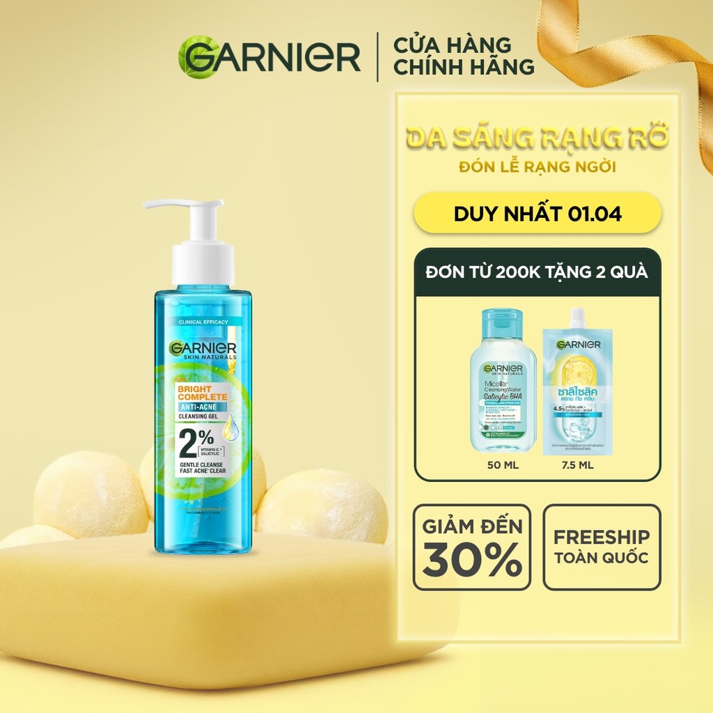 Sữa rửa mặt dạng gel sạch thoáng dịu nhẹ Garnier 2% [BHA, Vitamin C] cho da dầu mụn 120ml