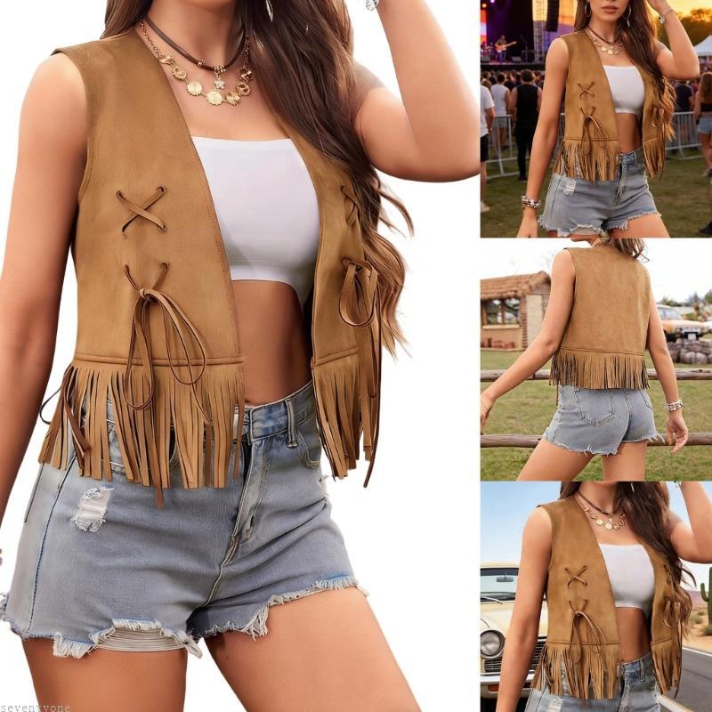 SV Faux Suedes Fringe Tua Rua Áo Vest Nữ Không Tay 70 Hippie Crop Cardigan