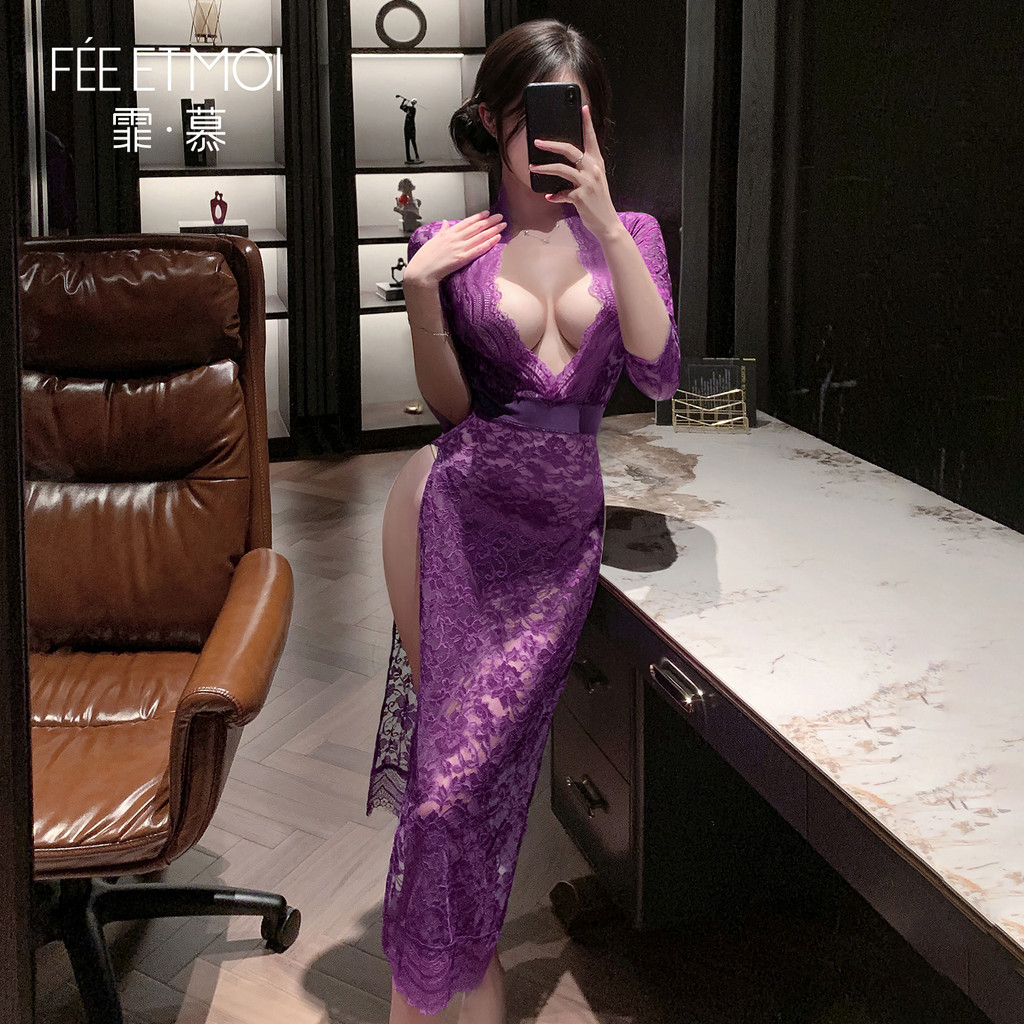 Bộ Đồ Ngủ Gợi Cảm Fei Mu Màu Tím Ren, Ít Ngực Cho Nữ