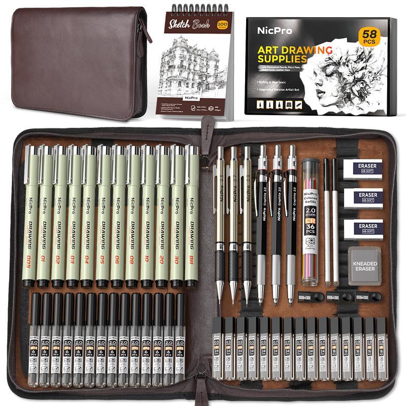 Nicpro58PackArtDrawingSuppliesKitinLeatherCase, Phác thảoSetwith6MetalMechanicalPencil0.5 & 0.7 & 0.