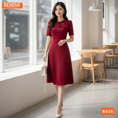 Đầm thiết kế BEMINE cổ tròn vai phồng dáng chữ A phù hợp đi làm, đi tiệc-B416