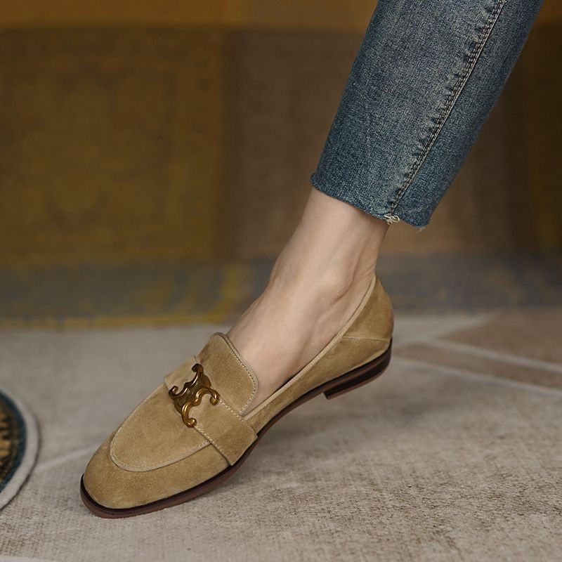 Loafers Nữ Slip-On 2025 Kaki Pháp Loafers Đế Mềm Camel Loafers
