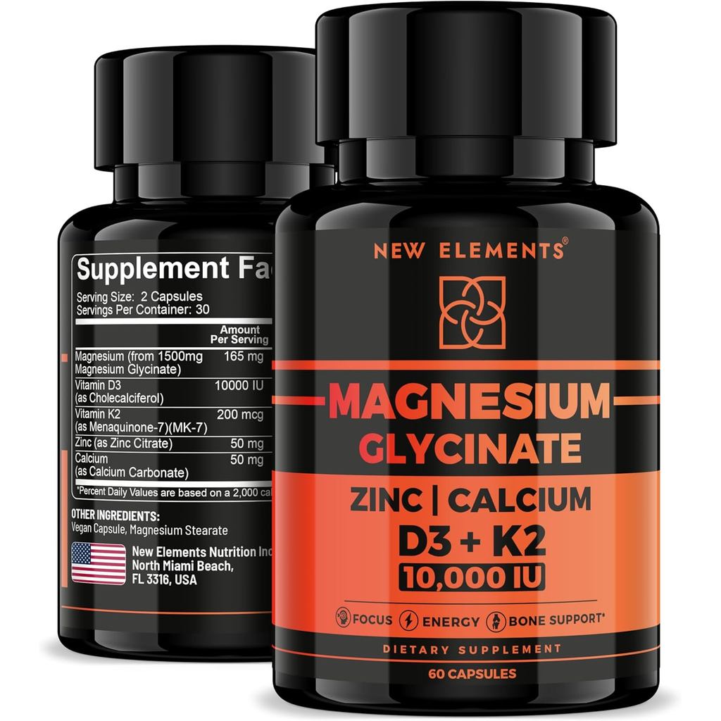 Magiê Glycinate 1500mg Vitamin D3 K2 + Kẽm & Canxi | D3 10.000 IU | K2 200mcg | Canxi 50mg | Kẽm 50m