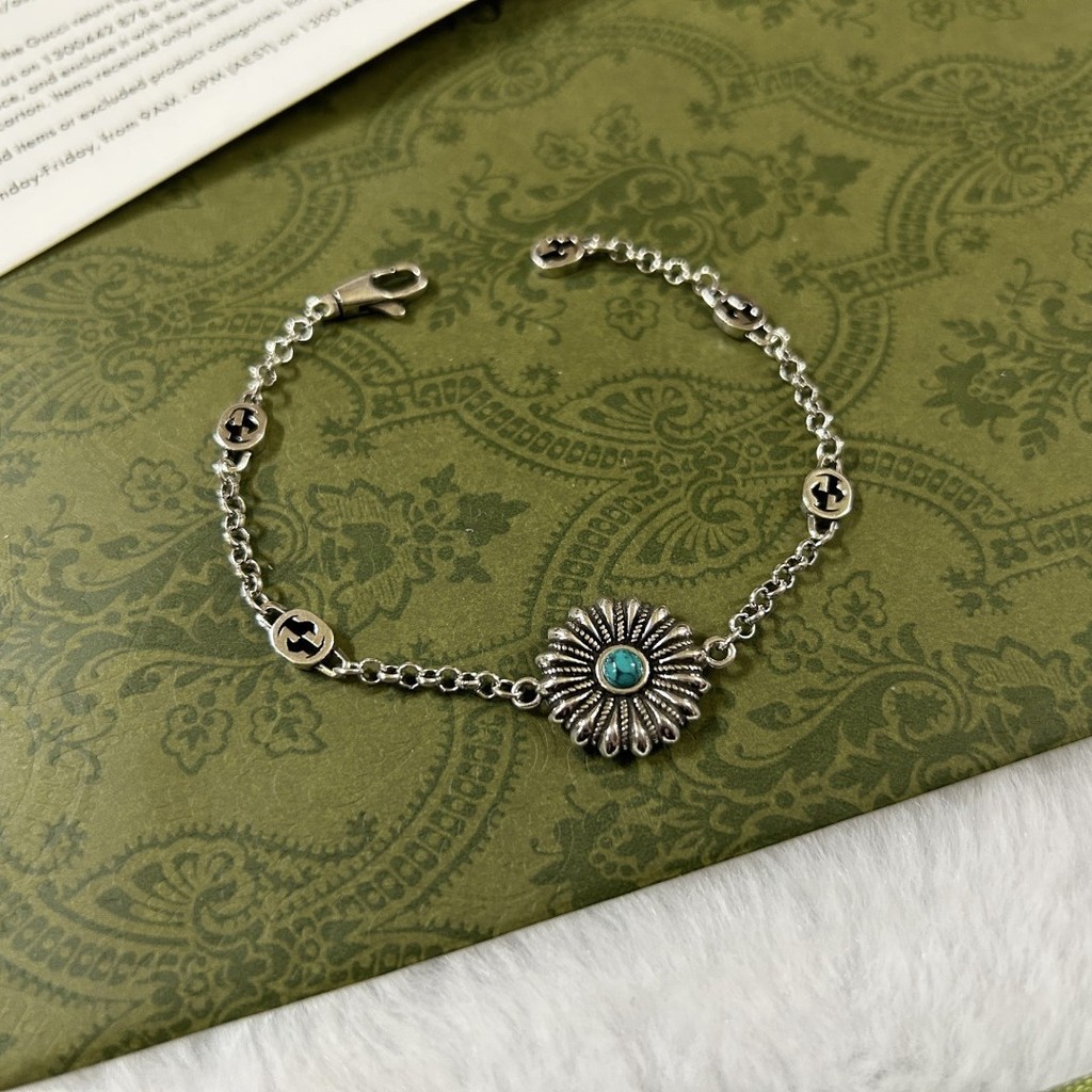 925Silver Bracelet Turquoise Sunflower Bracelet Women's Retro Fashion Personalized Bracelet
