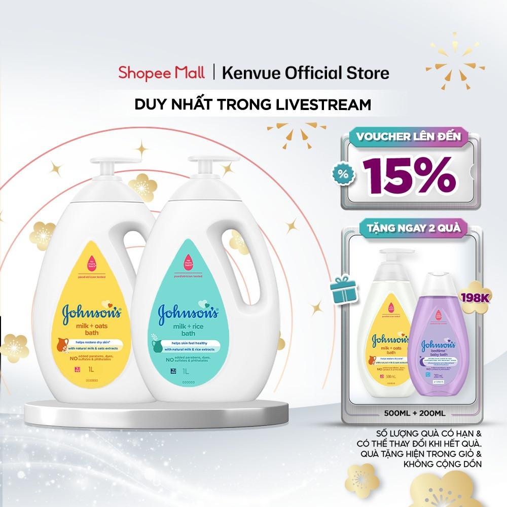 [KOL] Bộ 2 chai Sữa tắm Johnson's Baby chứa sữa gạo & yến mạch 1000ml