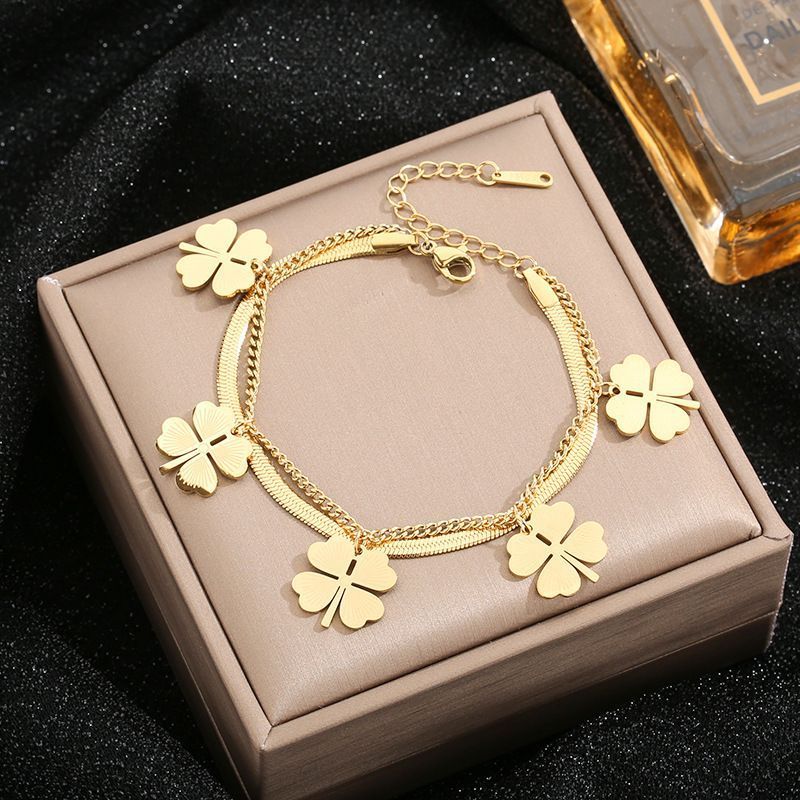 Hot Sale#[Shop Hot Sale] Unique Hip-Hop ins Four-leaf Clover Pendant Snake Bone Double-layer Bracele
