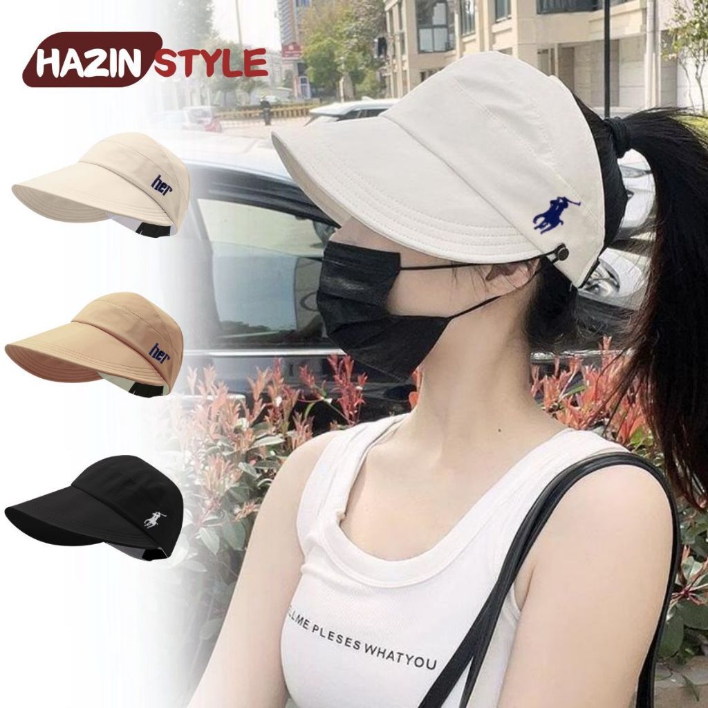 Mũ chống nắng nữ vành rộng hở nửa đầu HAZIN, nón vành rộng kaki có móc đeo khẩu trang tiện lợi