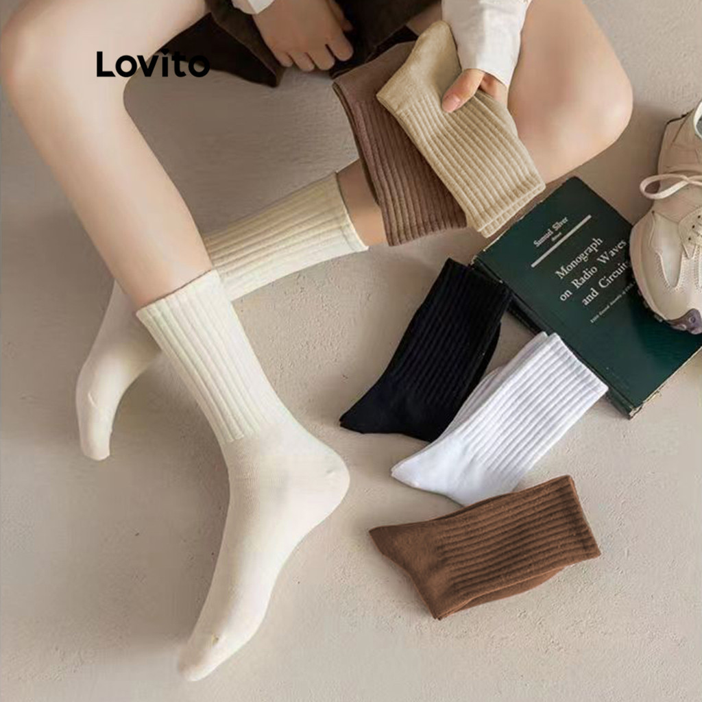 Lovito Tất Thường Ngày Mềm Mại, Thấm Hút Mồ Hôi, Tất Cổ Cao Thể Thao Mềm Mại Cho Nữ L8LD087