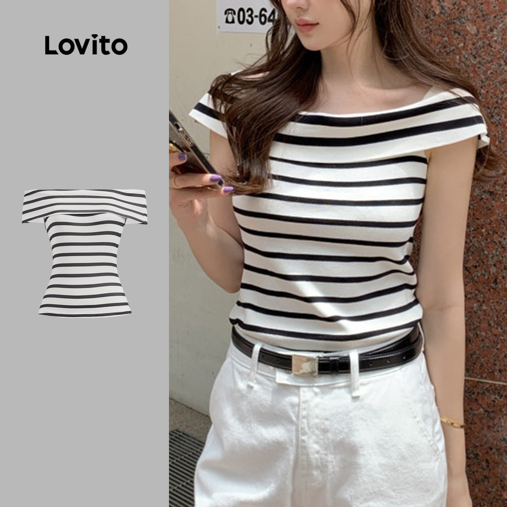 Lovito Áo sơ mi thanh lịch sọc lạnh vai T-Summer / Áo sơ mi mùa xuân dành cho nữ L124AD834