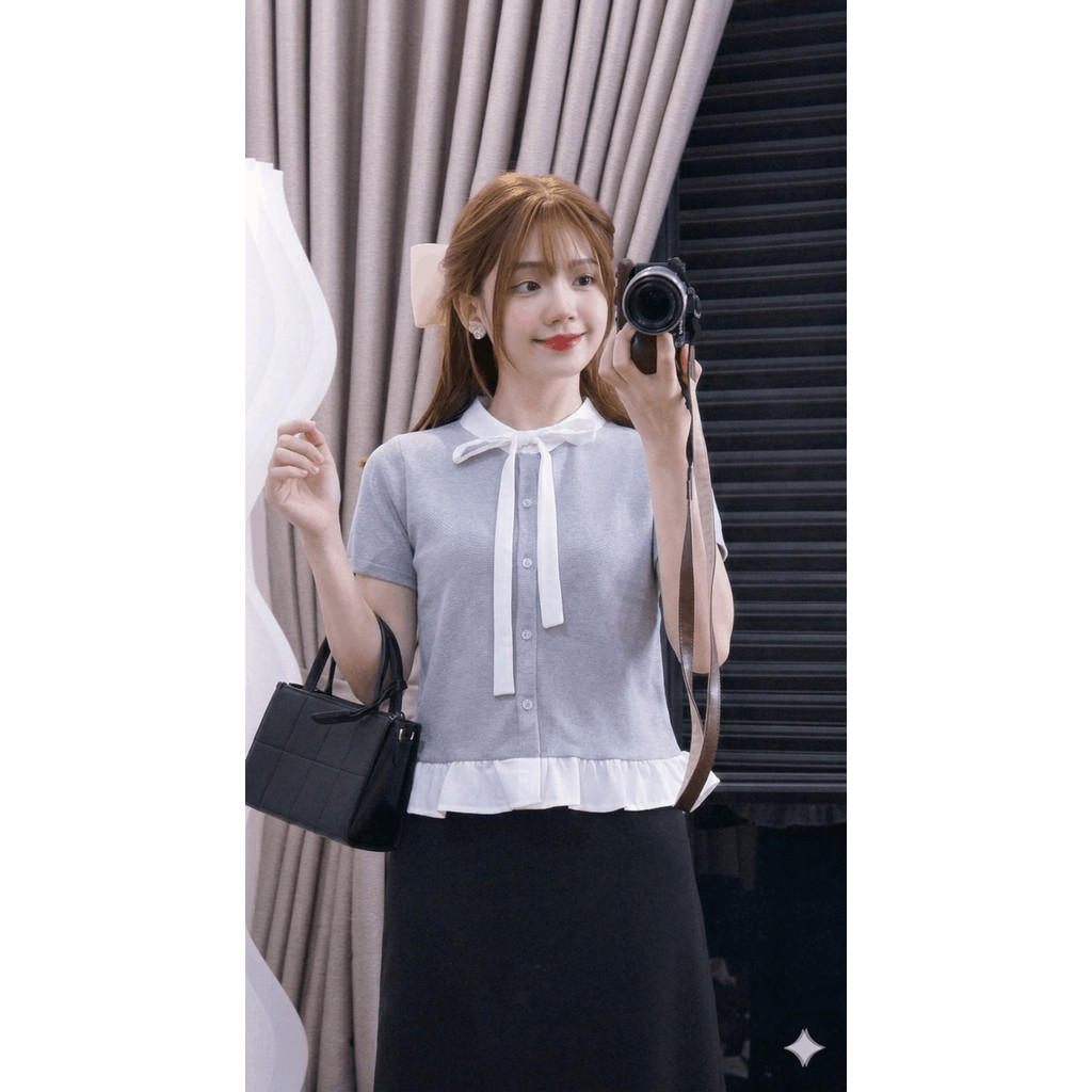 MS056 Áo sơ mi nữ cộc tay gấu bèo xinh xắn, chất liệu cotton tổ ong thoáng mát | BigBuy360 - bigbuy360.vn